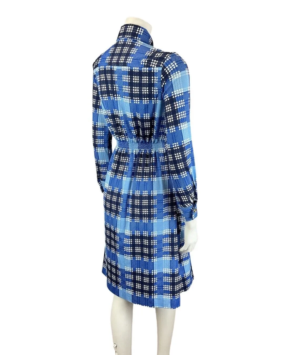 VINTAGE 60s 70s BLUE BLACK WHITE GINGHAM CHECKED BELTED DAGGER SHIRT DRESS 8 10