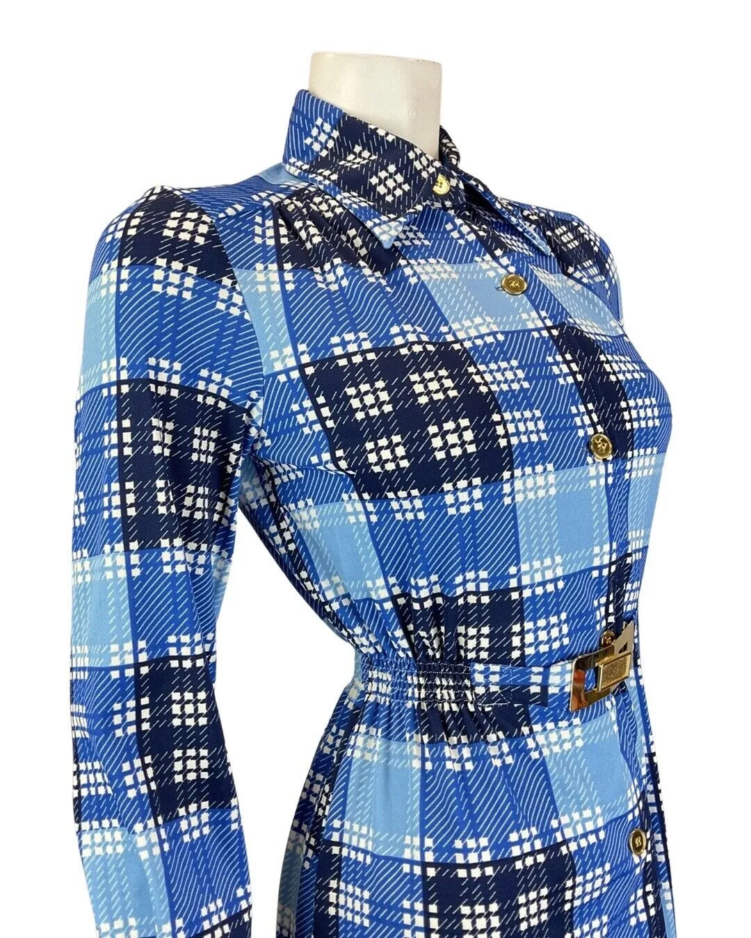 VINTAGE 60s 70s BLUE BLACK WHITE GINGHAM CHECKED BELTED DAGGER SHIRT DRESS 8 10