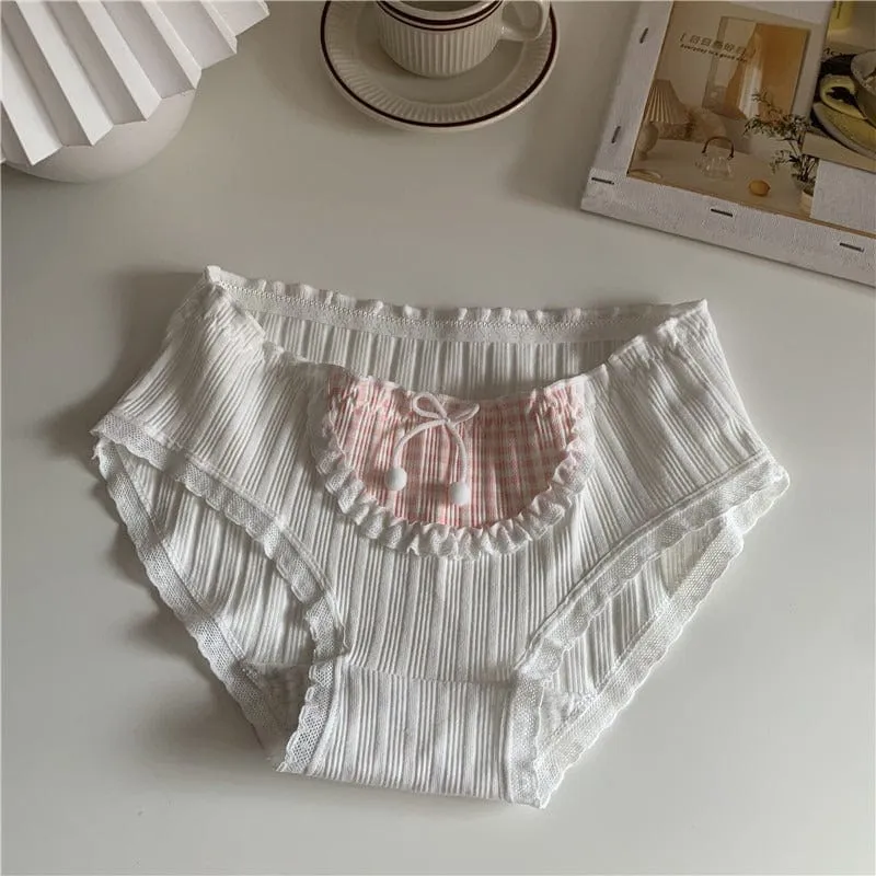 Women's Cute Bowknot Pink Plaid Lace Underwear