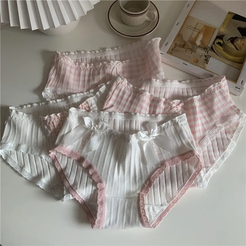 Women's Cute Bowknot Pink Plaid Lace Underwear