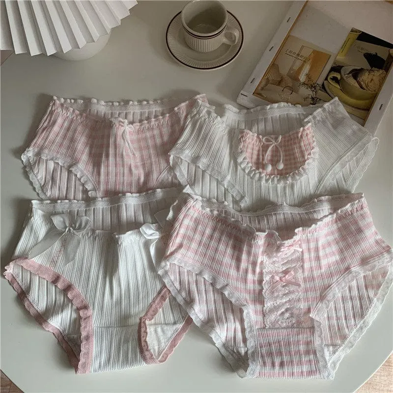 Women's Cute Bowknot Pink Plaid Lace Underwear