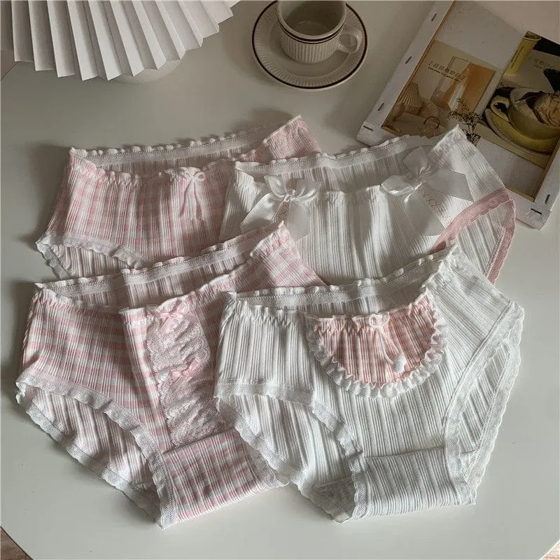 Women's Cute Bowknot Pink Plaid Lace Underwear